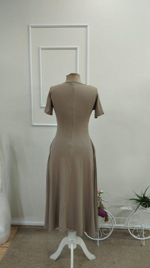 Rochie midi din viscoză cu mânecă scurtă, decolteu în V și buzunare pentru femei, 33886