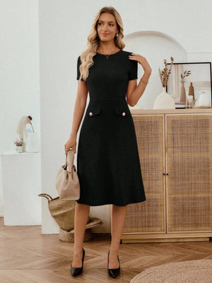 Rochie midi din crep importat, cu mânecă scurtă și guler rotund, pentru femei, cu detalii la buzunare, 33948