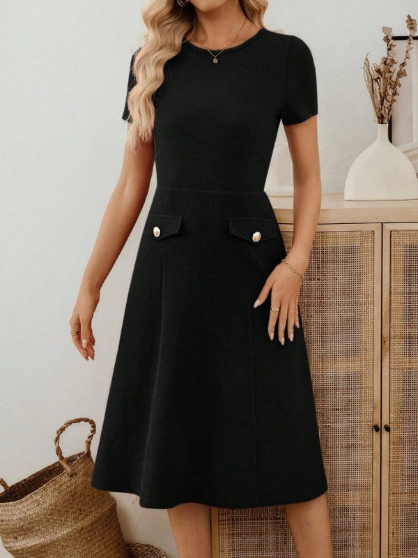 Rochie midi din crep importat, cu mânecă scurtă și guler rotund, pentru femei, cu detalii la buzunare, 33948
