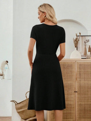 Rochie midi din crep importat, cu mânecă scurtă și guler rotund, pentru femei, cu detalii la buzunare, 33948