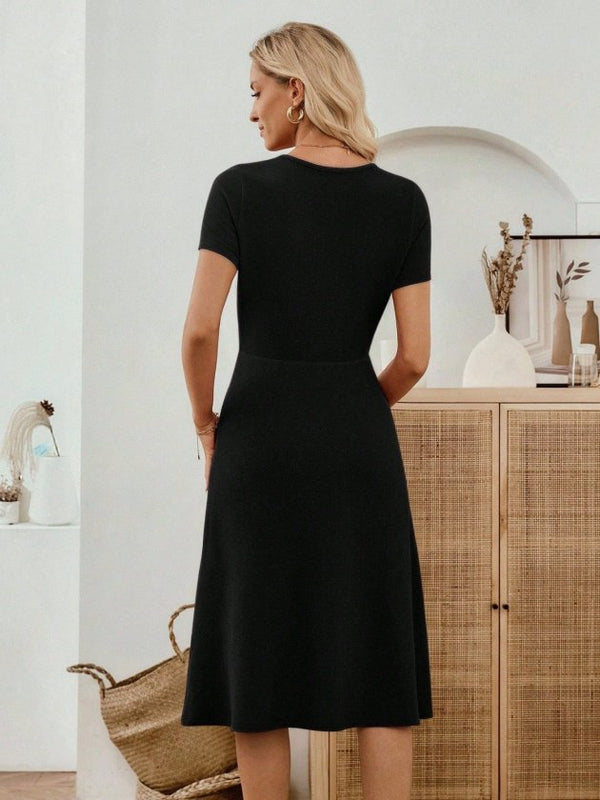 Rochie midi din crep importat, cu mânecă scurtă și guler rotund, pentru femei, cu detalii la buzunare, 33948