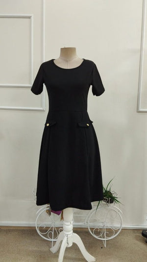 Rochie midi din crep importat, cu mânecă scurtă și guler rotund, pentru femei, cu detalii la buzunare, 33948