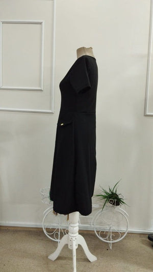 Rochie midi din crep importat, cu mânecă scurtă și guler rotund, pentru femei, cu detalii la buzunare, 33948