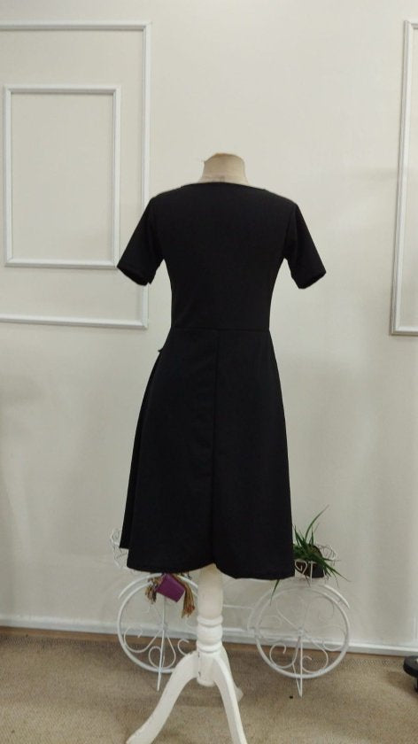 Rochie midi din crep importat, cu mânecă scurtă și guler rotund, pentru femei, cu detalii la buzunare, 33948