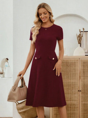 Rochie midi din crep importat, cu mânecă scurtă și guler rotund, pentru femei, cu detalii la buzunare, 33949