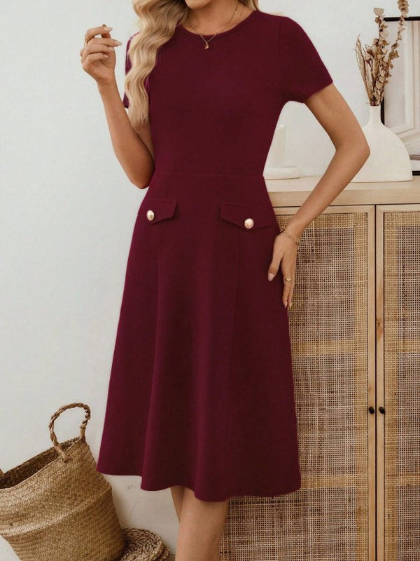 Rochie midi din crep importat, cu mânecă scurtă și guler rotund, pentru femei, cu detalii la buzunare, 33949