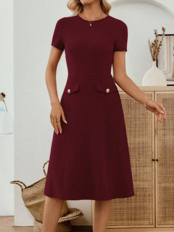 Rochie midi din crep importat, cu mânecă scurtă și guler rotund, pentru femei, cu detalii la buzunare, 33949
