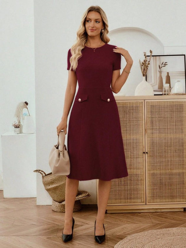 Rochie midi din crep importat, cu mânecă scurtă și guler rotund, pentru femei, cu detalii la buzunare, 33949