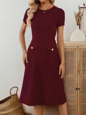 Rochie midi din crep importat, cu mânecă scurtă și guler rotund, pentru femei, cu detalii la buzunare, 33949
