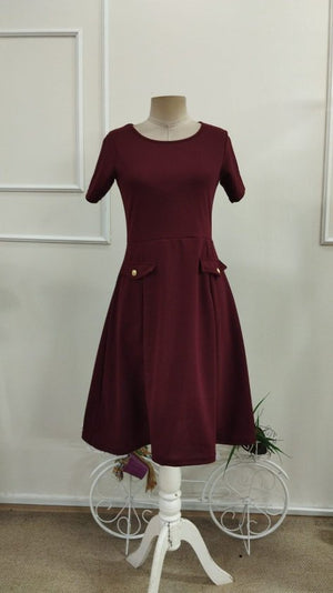 Rochie midi din crep importat, cu mânecă scurtă și guler rotund, pentru femei, cu detalii la buzunare, 33949