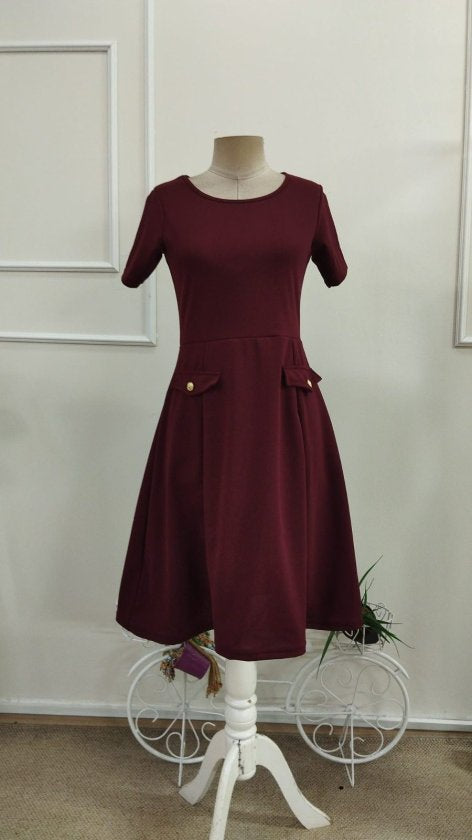 Rochie midi din crep importat, cu mânecă scurtă și guler rotund, pentru femei, cu detalii la buzunare, 33949
