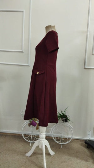 Rochie midi din crep importat, cu mânecă scurtă și guler rotund, pentru femei, cu detalii la buzunare, 33949