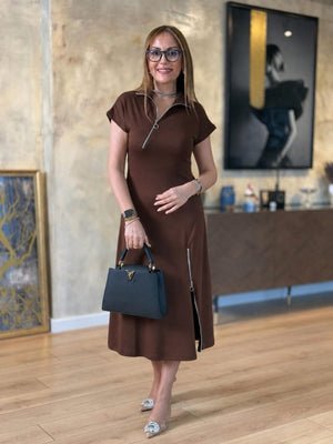 Rochie midi cu mânecă scurtă din viscoză, cu două fire, cu fermoar la gât și tiv, 33964