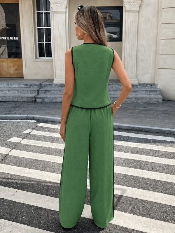 Set de două piese pentru femei, vestă și pantaloni fără mâneci, cu nasturi în față, 34193