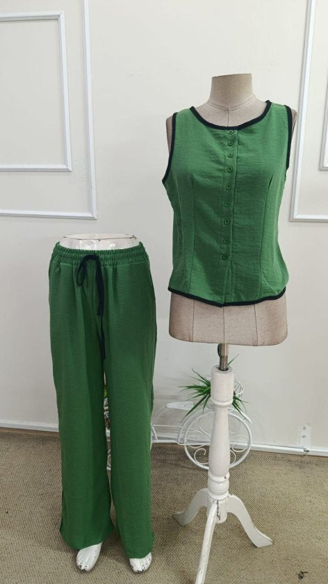 Set de două piese pentru femei, vestă și pantaloni fără mâneci, cu nasturi în față, 34193