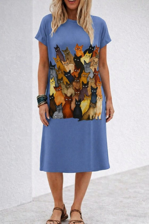 Rochie midi din viscoză cu imprimeu de pisici, cu mânecă scurtă și guler rotund, 34022
