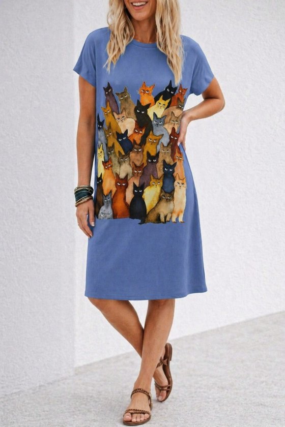 Rochie midi din viscoză cu imprimeu de pisici, cu mânecă scurtă și guler rotund, 34022