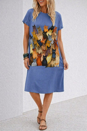 Rochie midi din viscoză cu imprimeu de pisici, cu mânecă scurtă și guler rotund, 34022