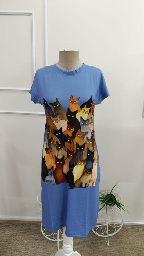 Rochie midi din viscoză cu imprimeu de pisici, cu mânecă scurtă și guler rotund, 34022