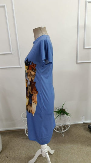 Rochie midi din viscoză cu imprimeu de pisici, cu mânecă scurtă și guler rotund, 34022