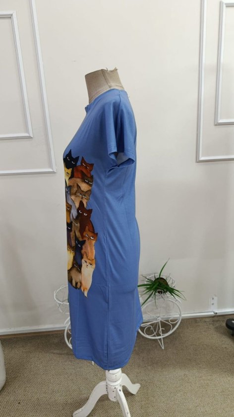 Rochie midi din viscoză cu imprimeu de pisici, cu mânecă scurtă și guler rotund, 34022