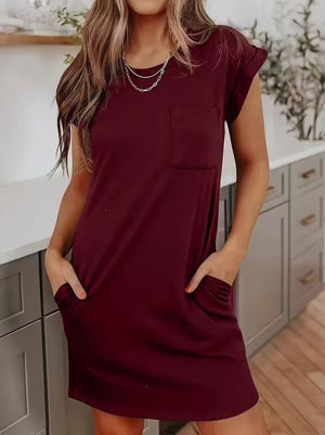 Rochie scurtă din viscoză cu două fire, cu guler rotund și mânecă scurtă, 34025