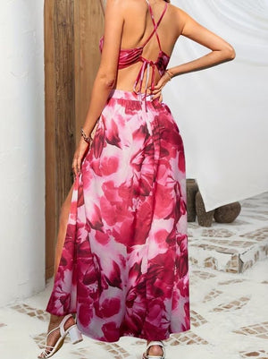 Rochie lungă Supreme pentru femei, cu bretele, detaliu de inel, legături la spate și crăpături, 34085