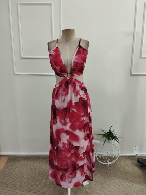 Rochie lungă Supreme pentru femei, cu bretele, detaliu de inel, legături la spate și crăpături, 34085