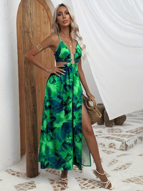Rochie lungă Supreme pentru femei, cu bretele, detaliu inelar, legătură la spate și crăpături, 34086