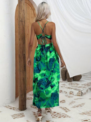 Rochie lungă Supreme pentru femei, cu bretele, detaliu inelar, legătură la spate și crăpături, 34086