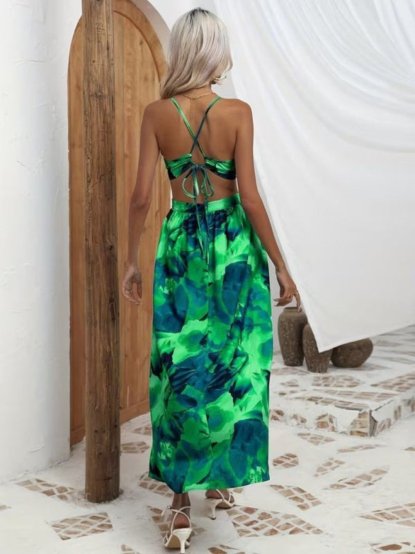 Rochie lungă Supreme pentru femei, cu bretele, detaliu inelar, legătură la spate și crăpături, 34086