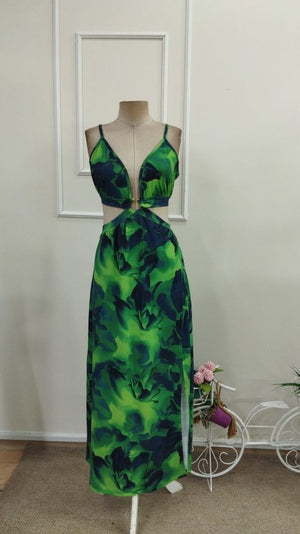Rochie lungă Supreme pentru femei, cu bretele, detaliu inelar, legătură la spate și crăpături, 34086