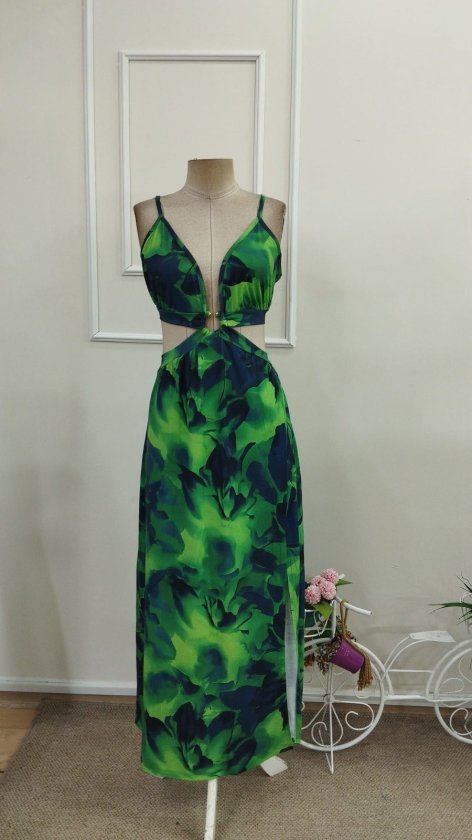 Rochie lungă Supreme pentru femei, cu bretele, detaliu inelar, legătură la spate și crăpături, 34086