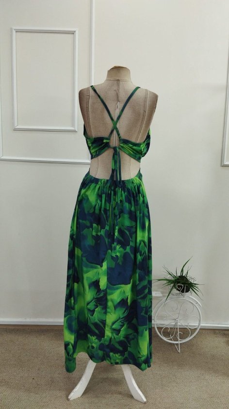 Rochie lungă Supreme pentru femei, cu bretele, detaliu inelar, legătură la spate și crăpături, 34086