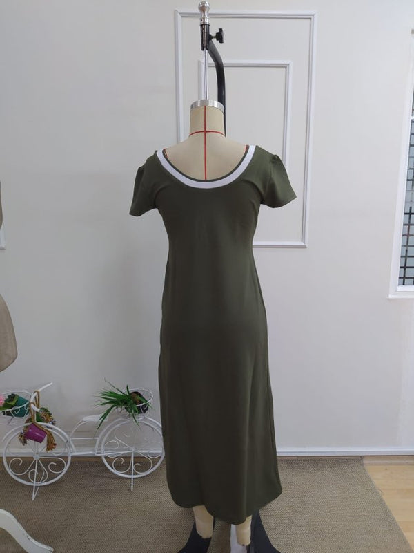 Rochie de damă albă, lungă, din viscoză, cu mânecă scurtă, decolteu rotund și detaliu cu crăpături, 34121