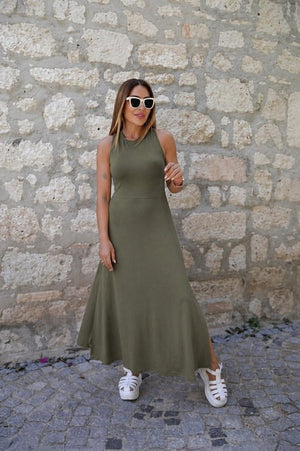 Rochie maxi din viscoză cu decolteu rotund și detalii încrucișate la spate pentru femei, 34148