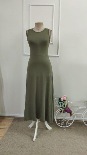 Rochie maxi din viscoză cu decolteu rotund și detalii încrucișate la spate pentru femei, 34148