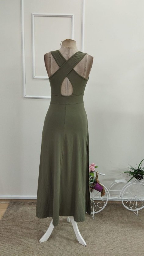 Rochie maxi din viscoză cu decolteu rotund și detalii încrucișate la spate pentru femei, 34148