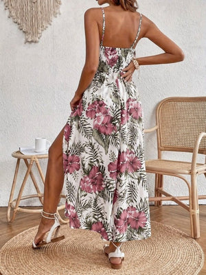 Rochie maxi Supreme pentru femei, cu bretele, decolteu în V, dantelă, model floral, crăpături laterale, 34213