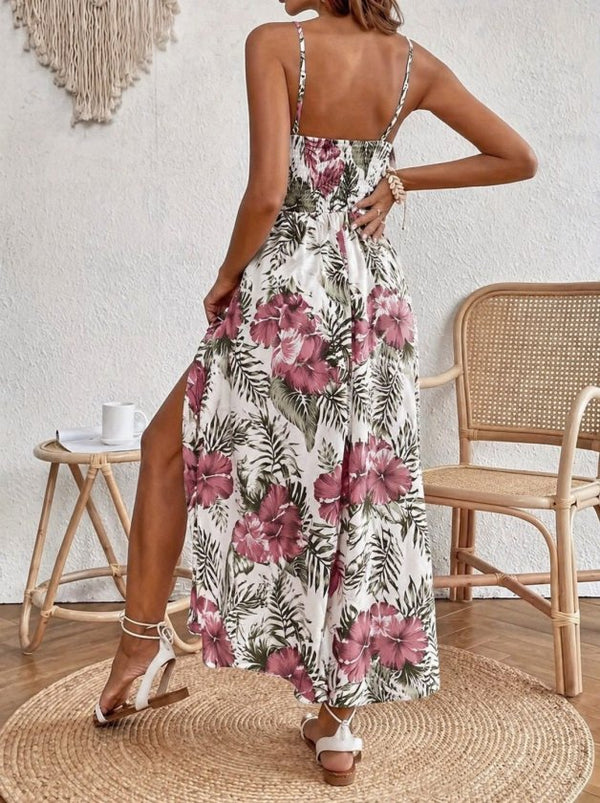 Rochie maxi Supreme pentru femei, cu bretele, decolteu în V, dantelă, model floral, crăpături laterale, 34213