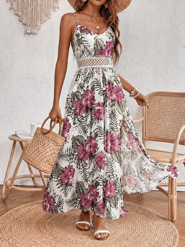 Rochie maxi Supreme pentru femei, cu bretele, decolteu în V, dantelă, model floral, crăpături laterale, 34213