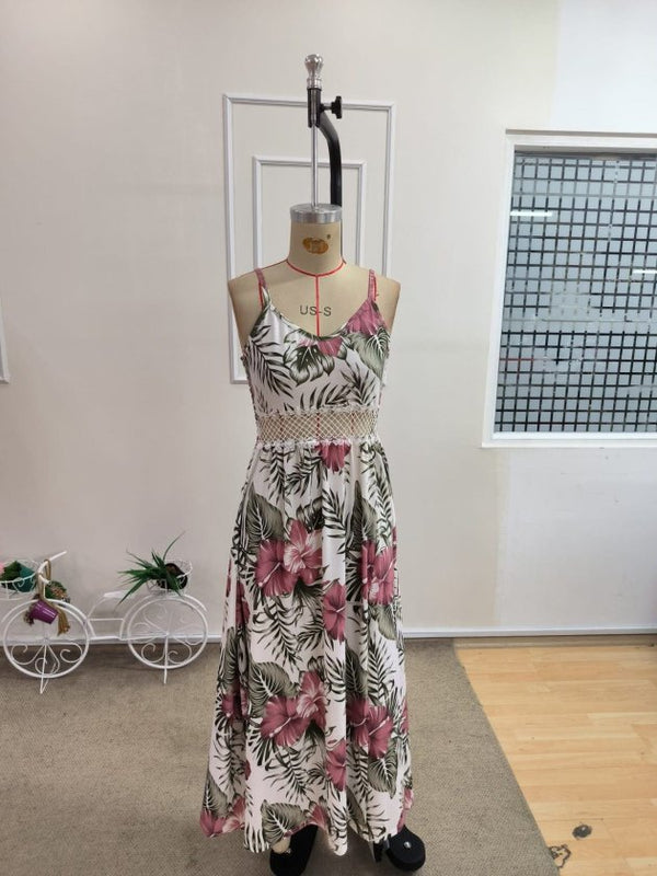 Rochie maxi Supreme pentru femei, cu bretele, decolteu în V, dantelă, model floral, crăpături laterale, 34213