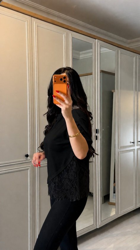 Kadın Kısa Kollu Bisiklet Yakalı Dantel Detaylı Viskon Iki Iplik Bluz, 34271