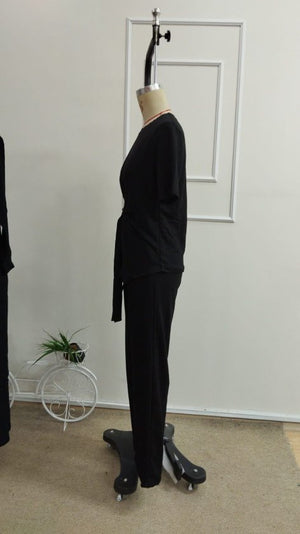 Set de două piese pentru femei, bluză și pantaloni din viscoză, cu guler rotund și mânecă scurtă, cu cataramă laterală, 34321