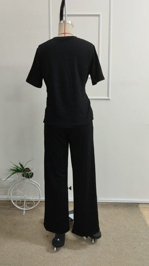 Set de două piese pentru femei, bluză și pantaloni din viscoză, cu guler rotund și mânecă scurtă, cu cataramă laterală, 34321