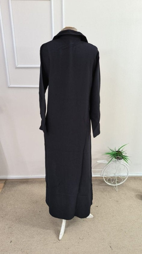 Kadın Uzun Kollu Yakalı önden Düğmeli Geniş Kesim Detaylı Uzun Elbise, 34353