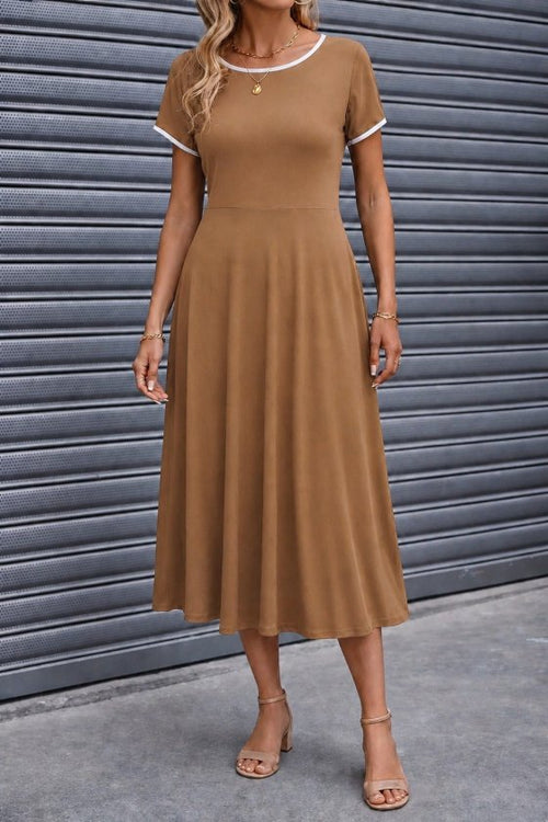 Rochie midi din viscoză cu mânecă scurtă și guler rotund pentru femei, cu dungi albe, 34405
