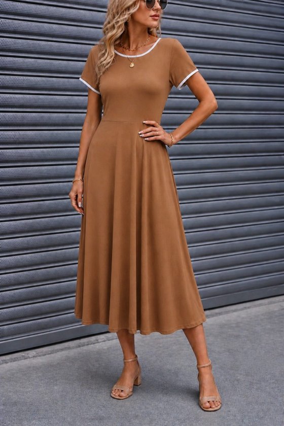 Rochie midi din viscoză cu mânecă scurtă și guler rotund pentru femei, cu dungi albe, 34405
