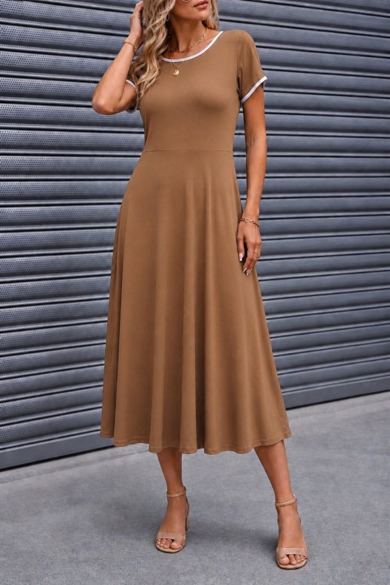 Rochie midi din viscoză cu mânecă scurtă și guler rotund pentru femei, cu dungi albe, 34405