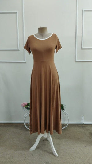 Rochie midi din viscoză cu mânecă scurtă și guler rotund pentru femei, cu dungi albe, 34405